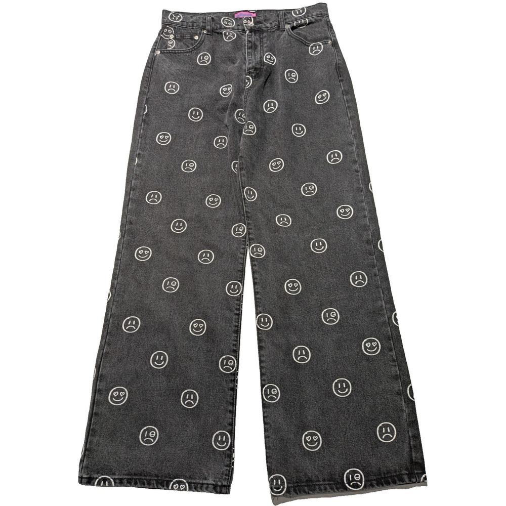EDIKTED MOODY‎ EMOJI AOP Women Size XL Wide-Leg Black Washed Denim Jeans NEW